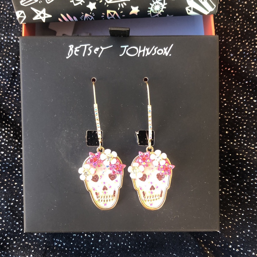 NEW Betsey Johnson Rhinestone Floral Skelton Hoop Earrings/For Halloween - Picture 5 of 16